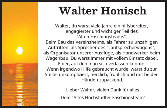 Traueranzeige von Walter Honisch von Donau Zeitung