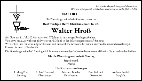 Traueranzeige von Walter Hroß von Neuburger Rundschau