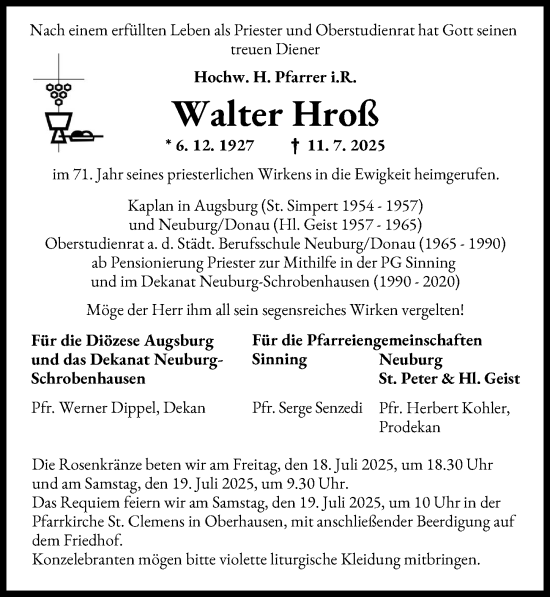 Traueranzeige von Walter Hroß von Neuburger Rundschau