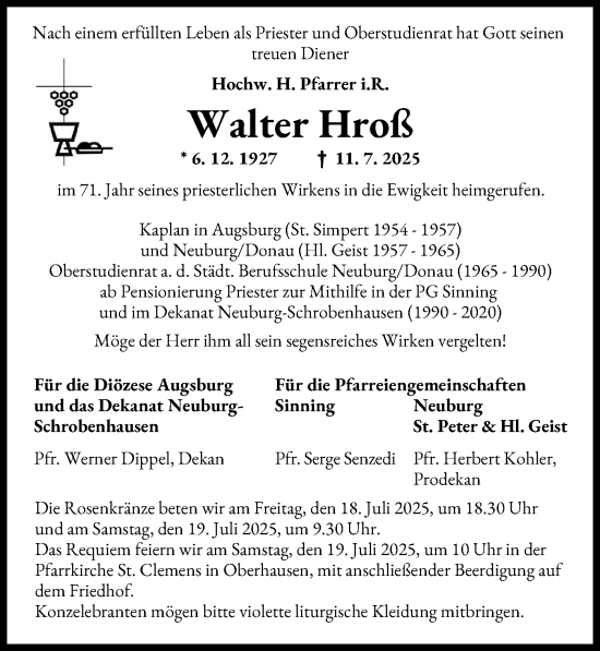 Traueranzeige von Walter Hroß von Augsburger Allgemeine