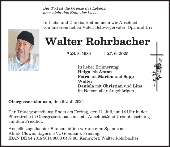 Traueranzeige von Walter Rohrbacher von Mittelschwäbische Nachrichten