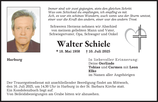 Traueranzeige von Walter Schiele von Donauwörther Zeitung, Rieser Nachrichten
