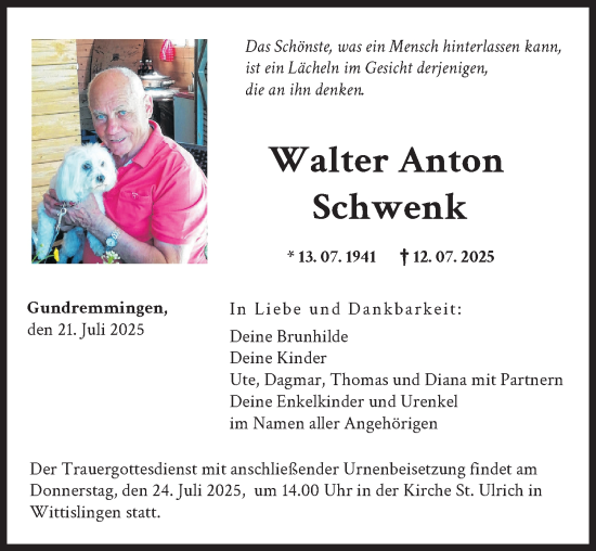 Traueranzeige von Walter Anton Schwenk von Donau Zeitung, Günzburger Zeitung