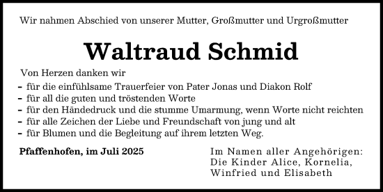 Traueranzeige von Waltraud Schmid von Neu-Ulmer Zeitung