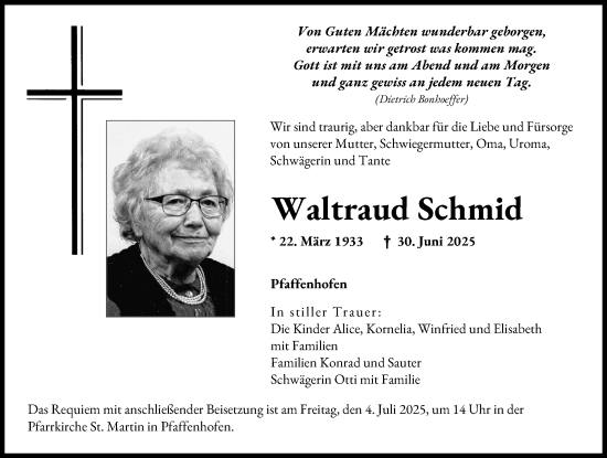 Traueranzeige von Waltraud Schmid von Neu-Ulmer Zeitung