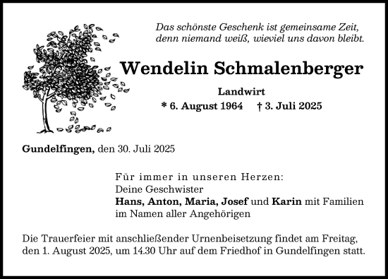 Traueranzeige von Wendelin Schmalenberger von Donau Zeitung