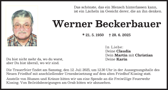 Traueranzeige von Werner Beckerbauer von Augsburger Allgemeine