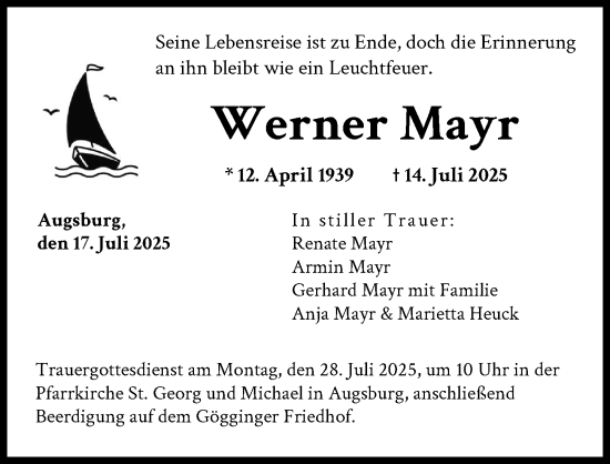 Traueranzeige von Werner Mayr von Donauwörther Zeitung, Augsburger Allgemeine