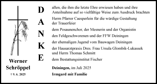 Traueranzeige von Werner Schröppel von Rieser Nachrichten