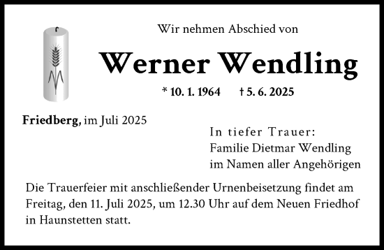 Traueranzeige von Werner Wendling von Augsburger Allgemeine