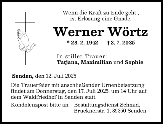 Traueranzeige von Werner Wörtz von Neu-Ulmer Zeitung, Augsburger Allgemeine