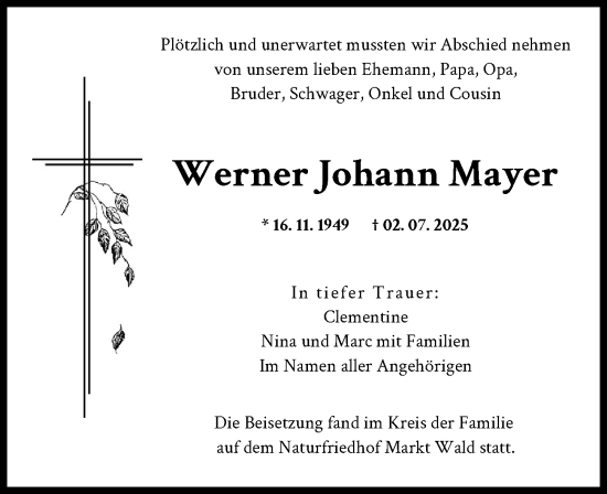 Traueranzeige von Werner Johann Mayer von Augsburger Allgemeine