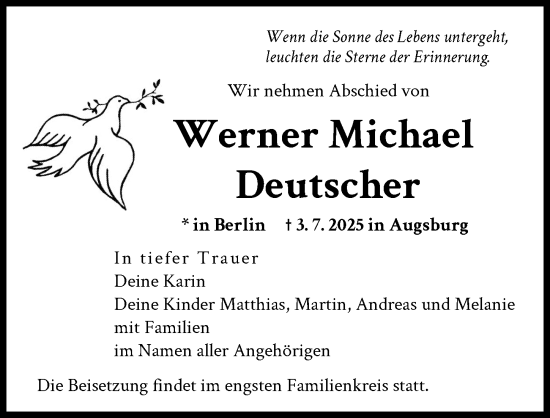 Traueranzeige von Werner Michael Deutscher von Augsburger Allgemeine