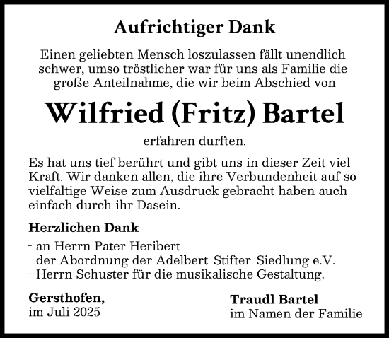 Traueranzeige von Wilfried Bartel von Augsburger Allgemeine