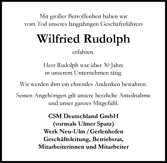 Traueranzeige von Wilfried Rudolph von Neu-Ulmer Zeitung