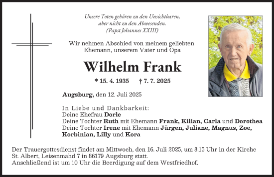 Traueranzeige von Wilhelm Frank von Augsburger Allgemeine