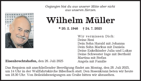 Traueranzeige von Wilhelm Müller von Augsburg-Land