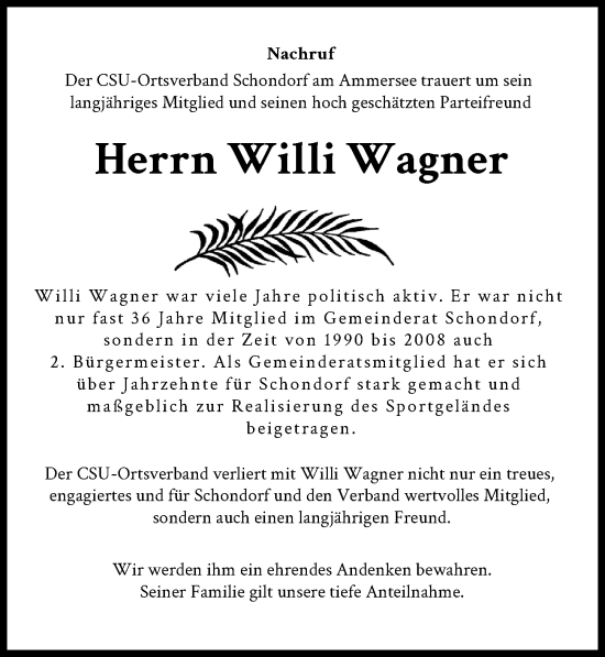 Traueranzeige von Willi Wagner von Landsberger Tagblatt