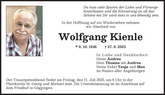 Traueranzeige von Wolfgang Kienle von Augsburger Allgemeine