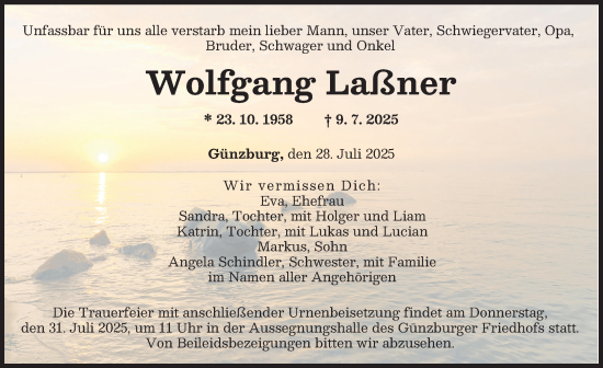 Traueranzeige von Wolfgang Laßner von Günzburger Zeitung
