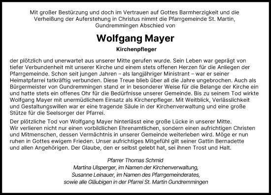 Traueranzeige von Wolfgang Mayer von Günzburger Zeitung