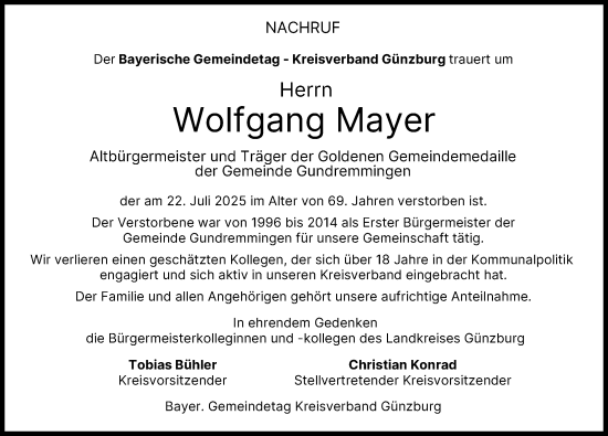 Traueranzeige von Wolfgang Mayer von Günzburger Zeitung, Mittelschwäbische Nachrichten