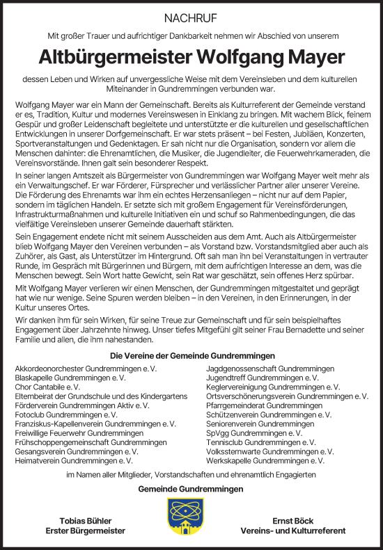 Traueranzeige von Wolfgang Mayer von Günzburger Zeitung