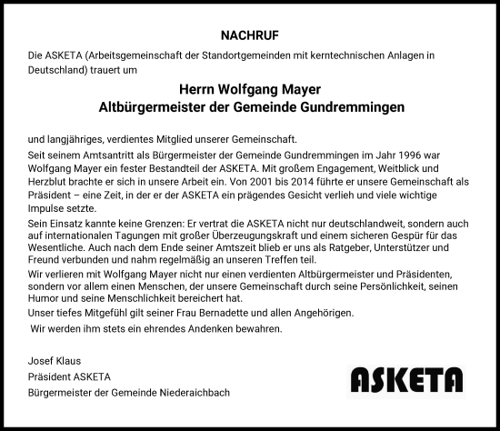 Traueranzeige von Wolfgang Mayer von Günzburger Zeitung