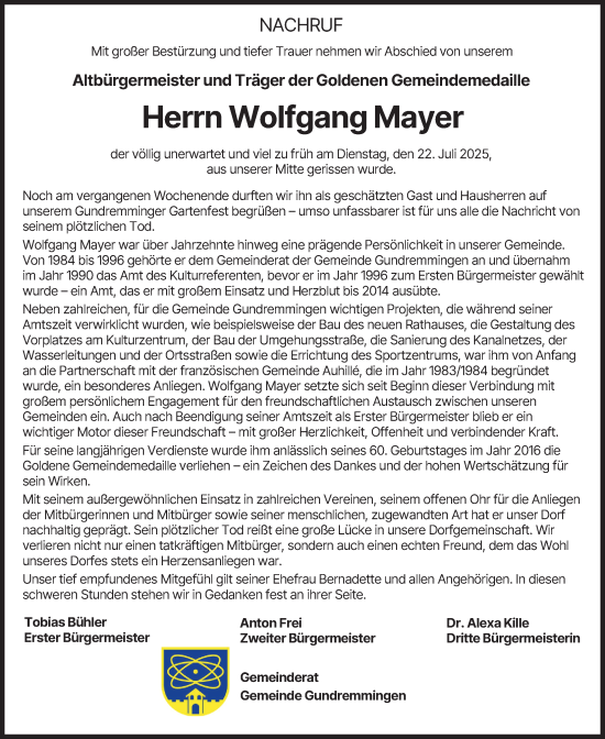 Traueranzeige von Wolfgang Mayer von Günzburger Zeitung, Donau Zeitung, Mittelschwäbische Nachrichten