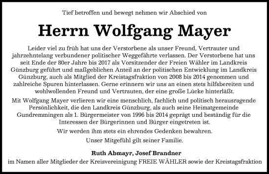 Traueranzeige von Wolfgang Mayer von Günzburger Zeitung