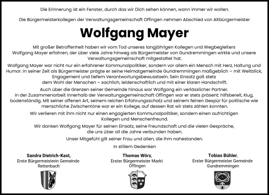 Traueranzeige von Wolfgang Mayer von Günzburger Zeitung