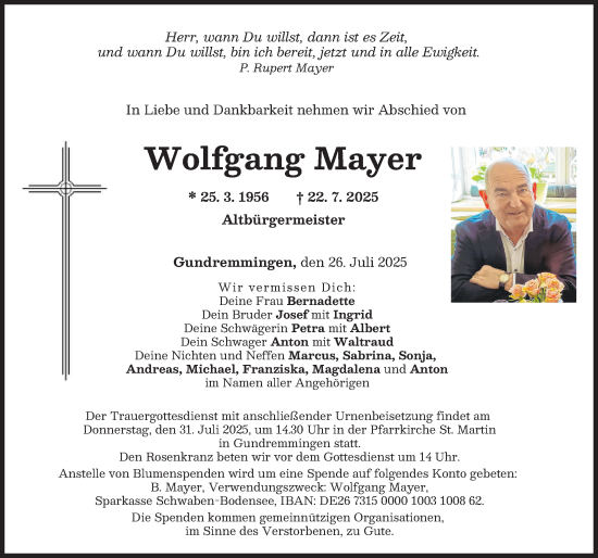 Traueranzeige von Wolfgang Mayer von Günzburger Zeitung