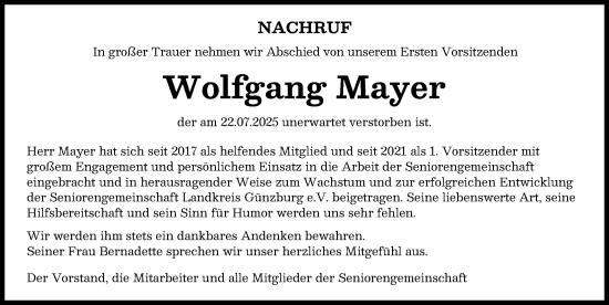 Traueranzeige von Wolfgang Mayer von Günzburger Zeitung