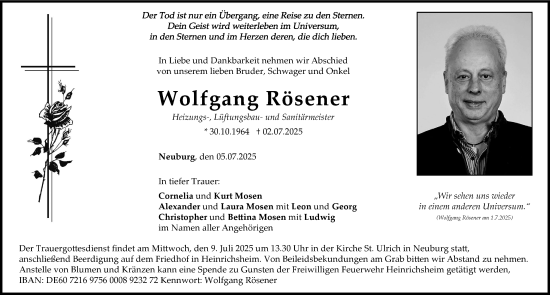 Traueranzeige von Wolfgang Rösener von Neuburger Rundschau