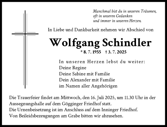 Traueranzeige von Wolfgang Schindler von Augsburger Allgemeine