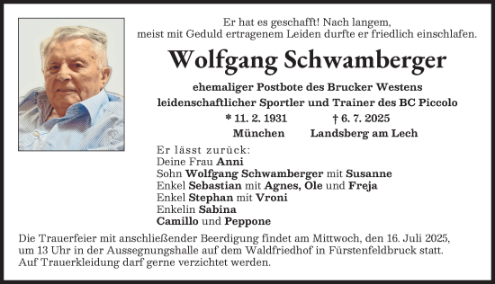 Traueranzeige von Wolfgang Schwamberger von Landsberger Tagblatt