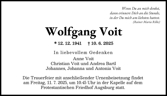 Traueranzeige von Wolfgang Voit von Augsburger Allgemeine
