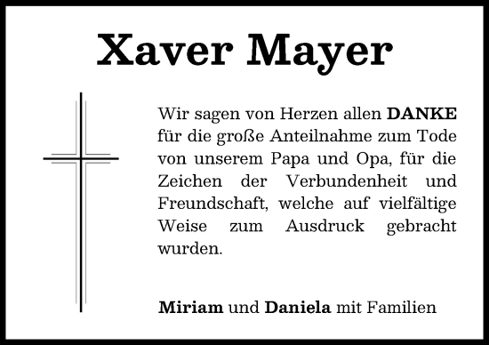 Traueranzeige von Xaver Mayer von Mindelheimer Zeitung