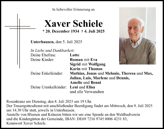 Traueranzeige von Xaver Schiele von Neuburger Rundschau