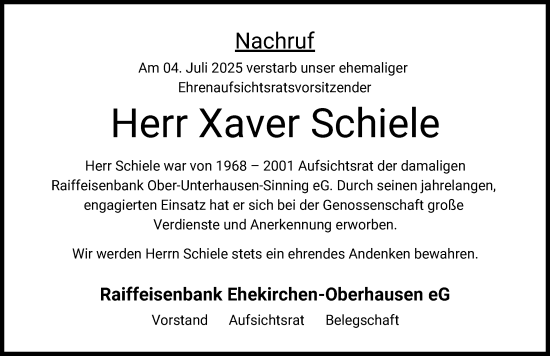 Traueranzeige von Xaver Schiele von Neuburger Rundschau