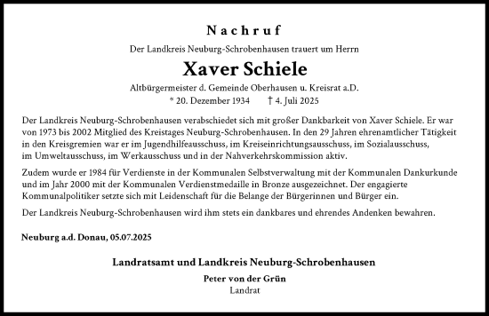 Traueranzeige von Xaver Schiele von Neuburger Rundschau