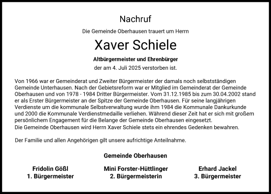 Traueranzeige von Xaver Schiele von Neuburger Rundschau