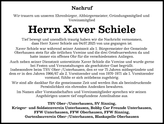 Traueranzeige von Xaver Schiele von Neuburger Rundschau