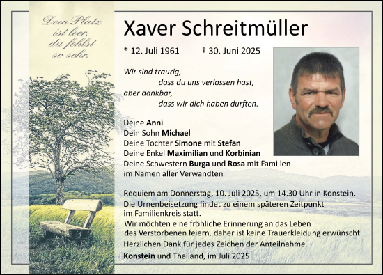 Traueranzeige von Xaver Schreitmüller von Augsburger Allgemeine, Neuburger Rundschau