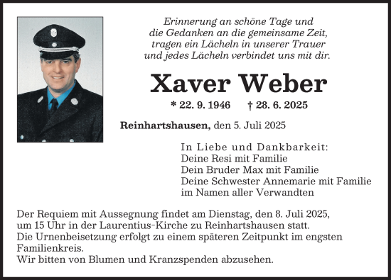 Traueranzeige von Xaver Weber von Augsburger Allgemeine