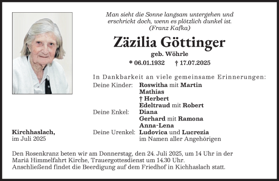 Traueranzeige von Zäzilia Göttinger von Illertisser Zeitung