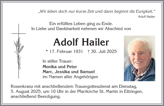Traueranzeige von Adolf Hailer von Mindelheimer Zeitung
