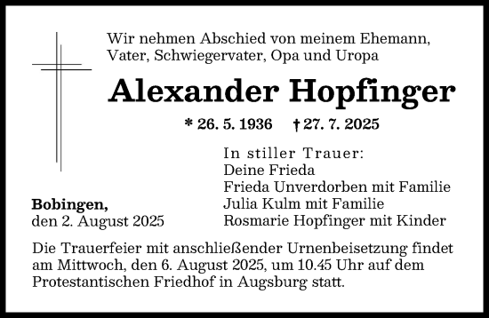 Traueranzeige von Alexander Hopfinger von Augsburger Allgemeine