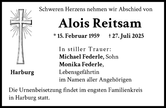 Traueranzeige von Alois Reitsam von Donauwörther Zeitung