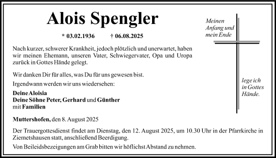 Traueranzeige von Alois Spengler von Mittelschwäbische Nachrichten
